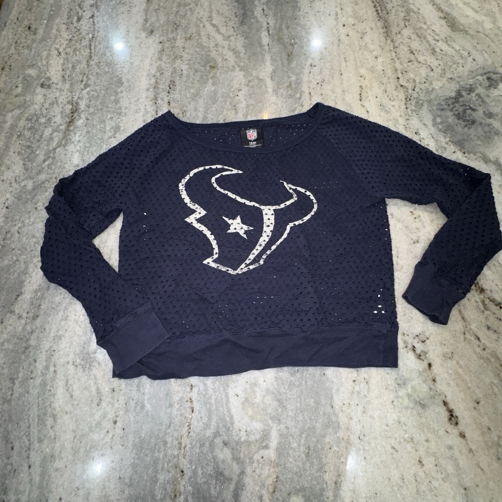 NFL Official Houston Texans Navy Blue Eyelet Mesh Crop Top Long Sleeve Sz 2XL